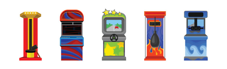 Arcade Machine or Amusement Machine as Coin-operated Entertainment Machine Vector Set