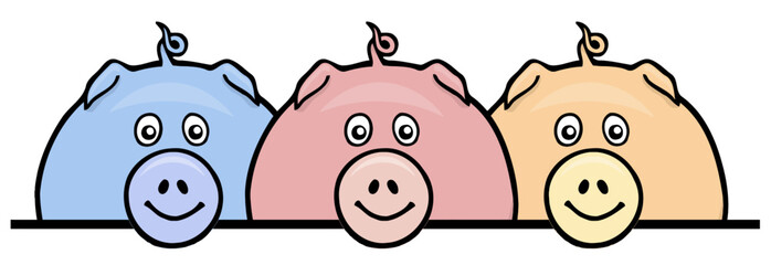 three curte rounde cartoon pigs with a line below