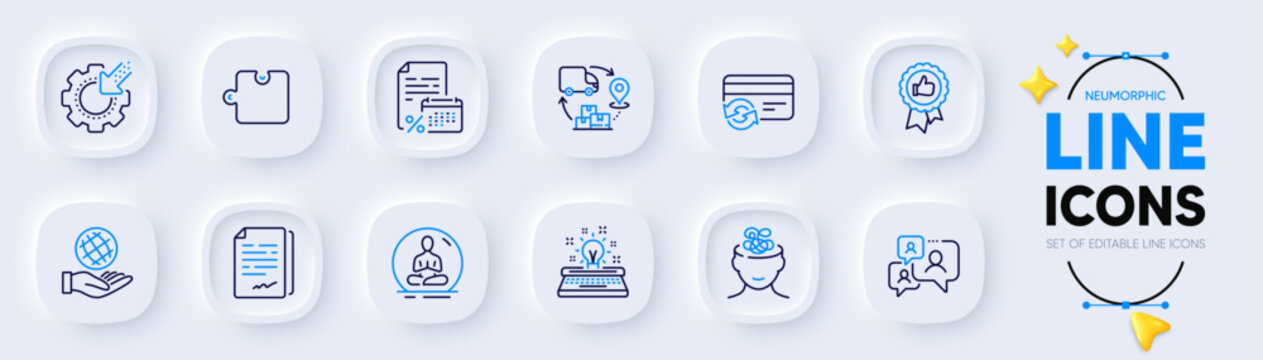 Calendar tax, Seo gear and Document signature line icons for web app. Pack of Safe planet, Yoga, Anxiety pictogram icons. Typewriter, Support chat, Puzzle signs. Change card. Vector