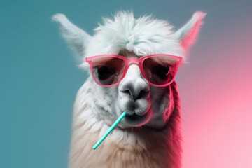 A portrait of a stylish lama eating lollipop posing in pink and white light on blue background. Generative AI