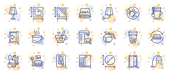 Outline set of Cupboard, Table lamp and Circle area line icons for web app. Include Coffeepot, Mattress, Open door pictogram icons. Triangle area, Ice tea, Tea signs. Coffee vending. Vector