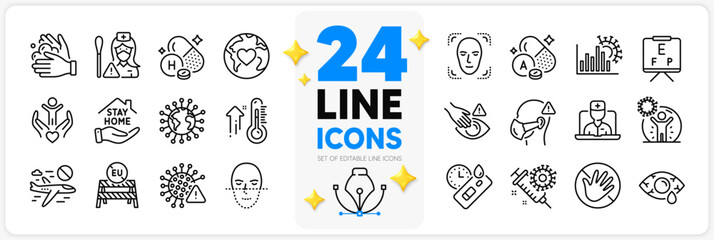 Icons set of Nurse, Volunteer and Coronavirus line icons pack for app with Do not touch, Donation, Face detection thin outline icon. Vitamin a, Covid virus, Eu close borders pictogram. Vector - Powered by Adobe