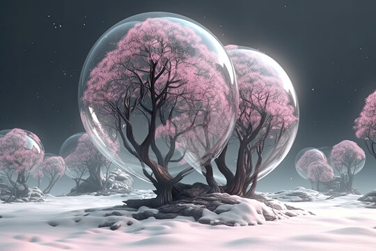 alien planet landscape with pink trees. Generative AI image.