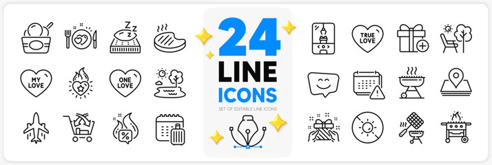 Icons set of One love, Grilled steak and Gas grill line icons pack for app with Smile face, No sun, Mattress thin outline icon. Notification, Grill, Gift pictogram. Baggage calendar. Vector