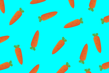 Pattern with vegetables, carrots scattered on a pastel blue background, food concept