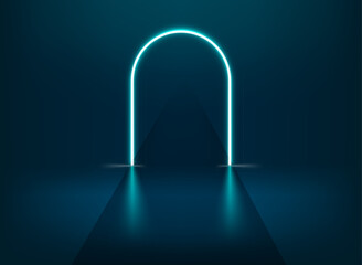 Blue neon glowing way in interior. 3d vector  illustration