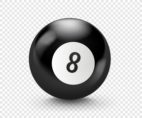 Black billiard ball with number 8. 3d vector isolated on transparent background