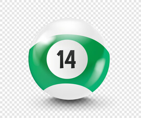 Green, billiard ball with number 14. 3d vector isolated on transparent background