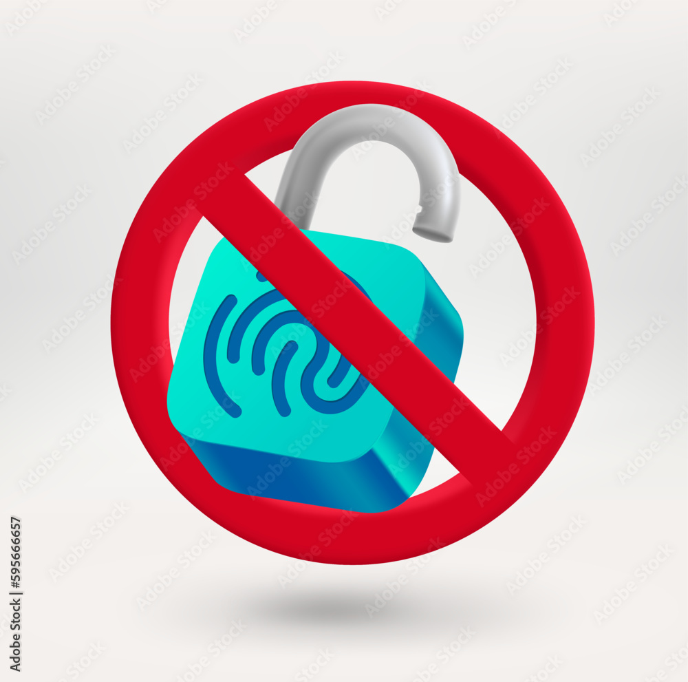 Fototapete Padlock with fingerprint scanner icon in red circle with crossed line. No fingerprinting concept. 3d vector icon 

