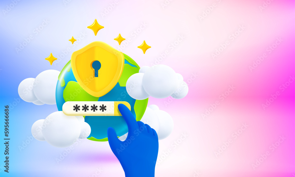 Poster the golden shield with keyhole and password. global safety concept. 3d vector banner with copy space