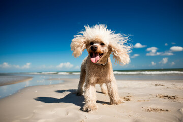 Poodle dog on the beach, funny portrait, generativeai