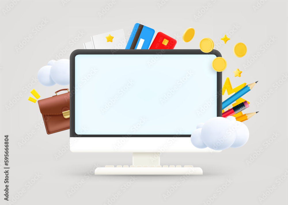Poster Computer monitor with business elements and blank screen. 3d vector illustration
 