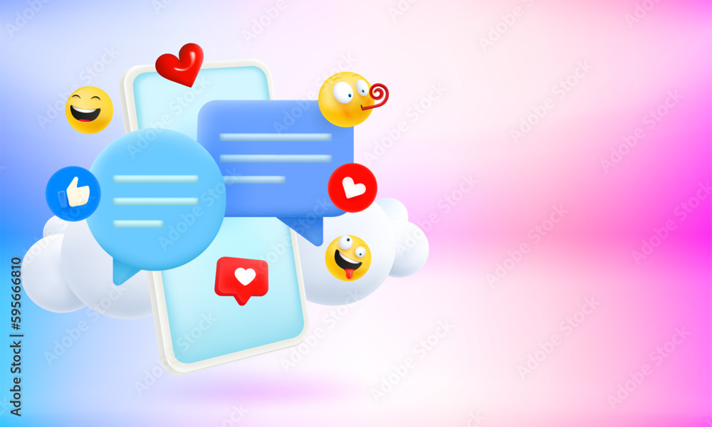 Poster social media concept with mobile phone and emoji. 3d vector banner with copy space