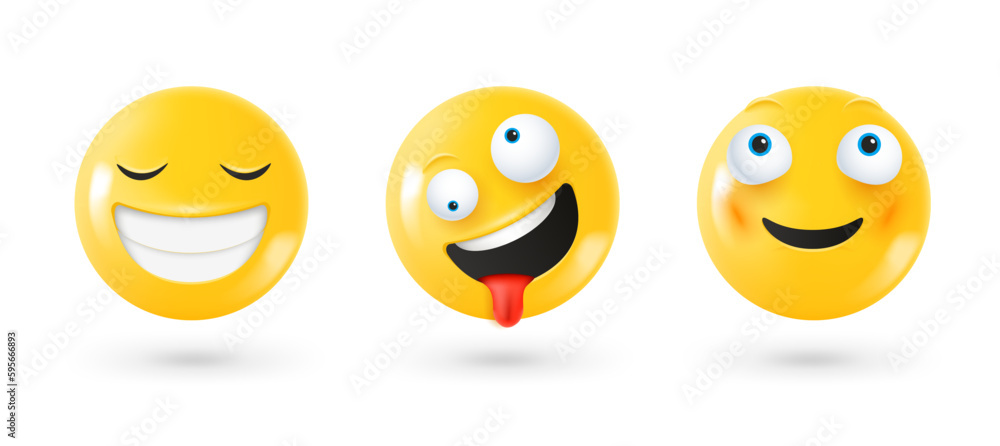 Poster different facial emoticons 3d vector set. emoji isolated on white background with shadow