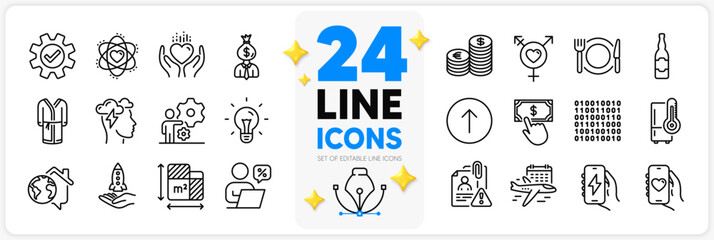 Icons set of Idea, Swipe up and Hold heart line icons pack for app with Work home, Manager, Floor plan thin outline icon. Refrigerator, Dating app, Restaurant food pictogram. Service. Vector