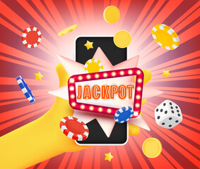 Winning jackpot concept with flying gambling elements and smartphone. 3d vector illustration