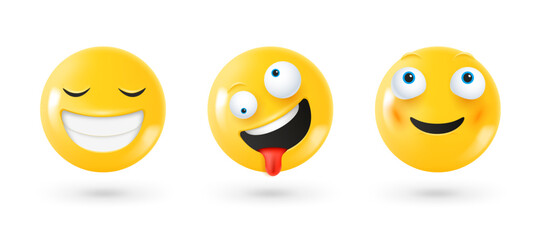 Different facial emoticons 3d vector set. Emoji isolated on white background with shadow