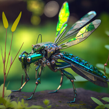 dCybernetically enhanced Damselfly landing on natural ground in bright daylight.