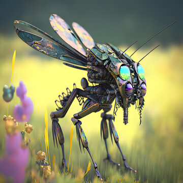 dCybernetically enhanced Damselfly landing on natural ground in bright daylight.