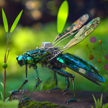 dCybernetically enhanced Damselfly landing on natural ground in bright daylight.