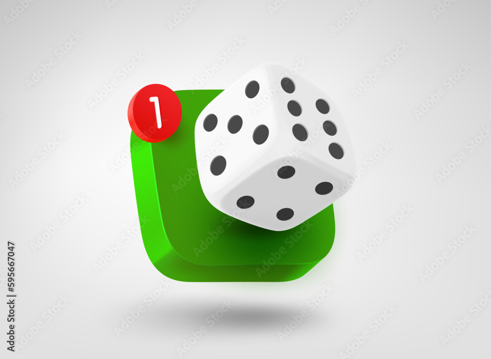 Poster Dice on app button. 3d vector mobile application icon