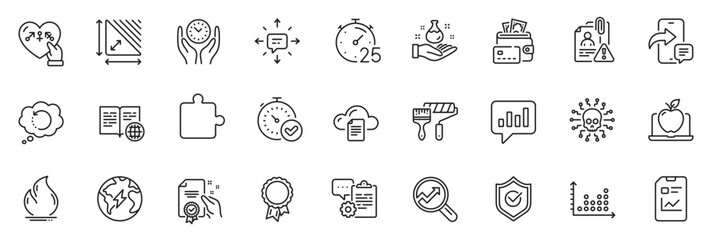 Fototapeta na wymiar Icons pack as Cyber attack, Internet book and Recovery data line icons for app include Timer, Safe time, Chemistry lab outline thin icon web set. Certificate, Approved shield. Vector