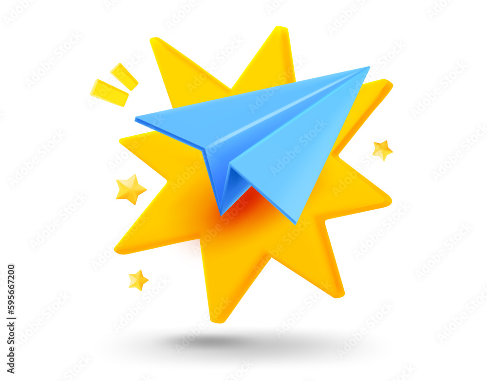 Poster Blue airplane with explosion effect. 3d vector mobile application icon with notification