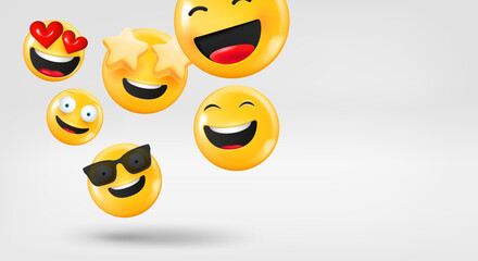 Laughing and smiling emojis falling down. 3d vector banner with copy space