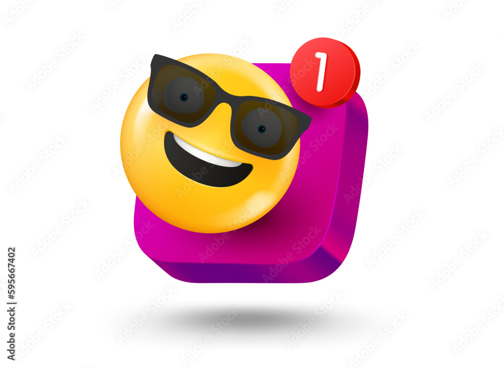 Poster Mobile app button with emoji. 3d vector mobile application icon with notification