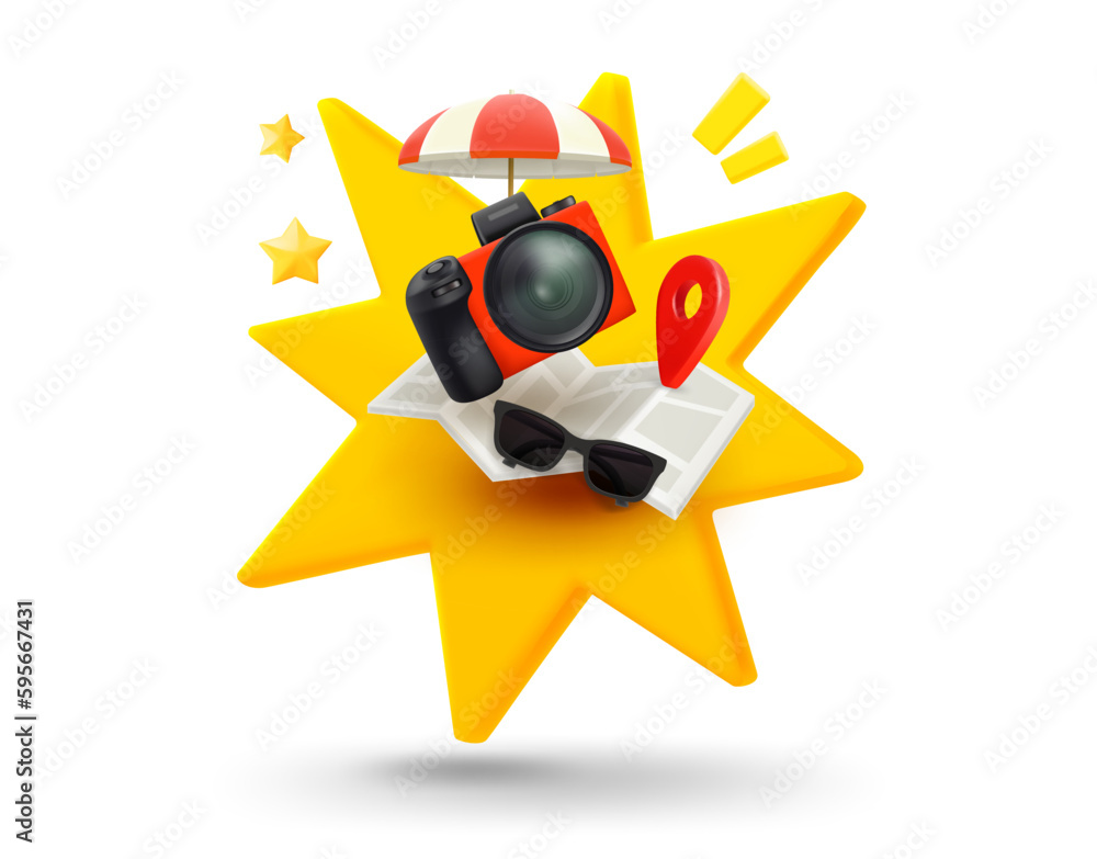 Poster Summer travel concept with explosion effect. 3d vector mobile application icon with notification