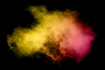 Fog in red yellow blue green neon light on black background.
