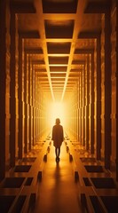 Orange and yellow abstract hallway with silhouette of a business person in a corridor. Sun rays glowing. Light at the end of the tunnel. 