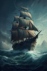 Cinematic ocean vessel ship. Nautical vintage galleon pirate ship. Antique boat on stormy seas.