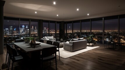 Interior luxury apartment penthouse condo. Living room at night with city landscape in floor to ceiling windows.