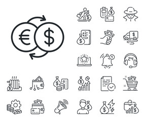 Fototapeta premium Banking currency sign. Cash money, loan and mortgage outline icons. Money exchange line icon. Euro and Dollar Cash transfer symbol. Money exchange line sign. Credit card, crypto wallet icon. Vector