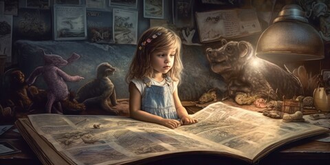 child reading a fantasy book surrounded by imaginary creatures