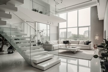 Fototapeta na wymiar A modern white interior design with contemporary furniture in a luxury house or apartment, featuring floor-to-ceiling windows and stylish decor. Generative AI