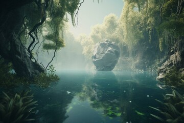 3D render of a clear jungle lake shaped like a lung. Generative AI