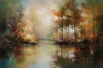 Abstract oil painting autumn landscape. Forest and pond impressionist art. Hazy fall morning. - obrazy, fototapety, plakaty