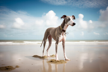Obraz na płótnie Canvas Whippet on the beach, funny sportive portrait, generativeai