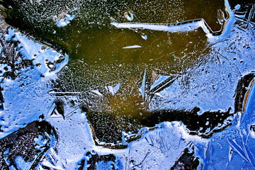 Abstract ice pattern and drawing appearing on the surface of the water when freezing. Refraction and play of light. Background and basis for wallpaper.