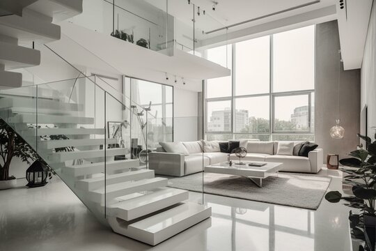 A modern white interior design with contemporary furniture in a luxury house or apartment, featuring floor-to-ceiling windows and stylish decor. Generative AI