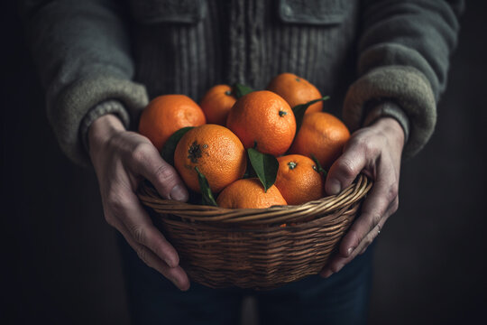 Generative Ai image of a hands holding a basket of oranges