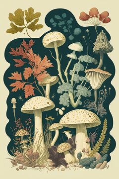 Mushrooms, fungi, and flowers in the forest. Succulents Illustration, retro, vintage poster. Plants, botany, and fauna.