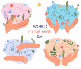 Fototapeta premium Global Mental Health Day plays a vital role in promoting comprehensive well-being. Mental disorders can profoundly affect feelings, thought patterns, actions, and interpersonal connections. Vector.