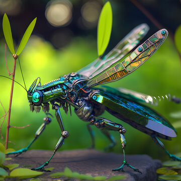 dCybernetically enhanced Damselfly landing on natural ground in bright daylight.