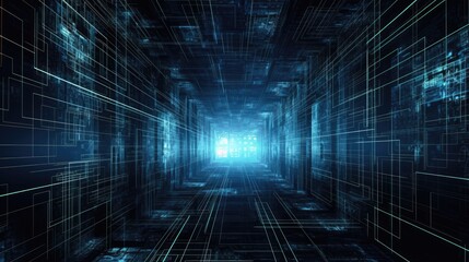 Server room corridor, electronics leading to the server room, AI