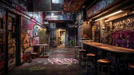 Fototapeta na wymiar graffiti wall art ally with bar, street art in the back ally of a city, AI