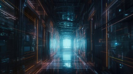 Server room corridor, electronics leading to the server room, AI