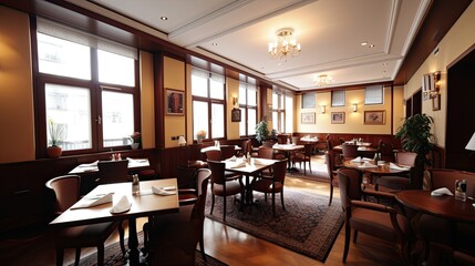 Fototapeta na wymiar Warm dining room mockup, restaurant mock up, AI